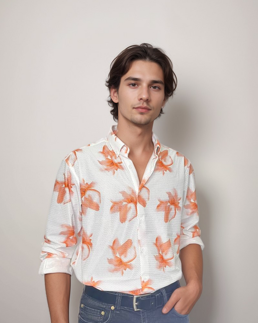 White & Orange Floral Digital Shirt