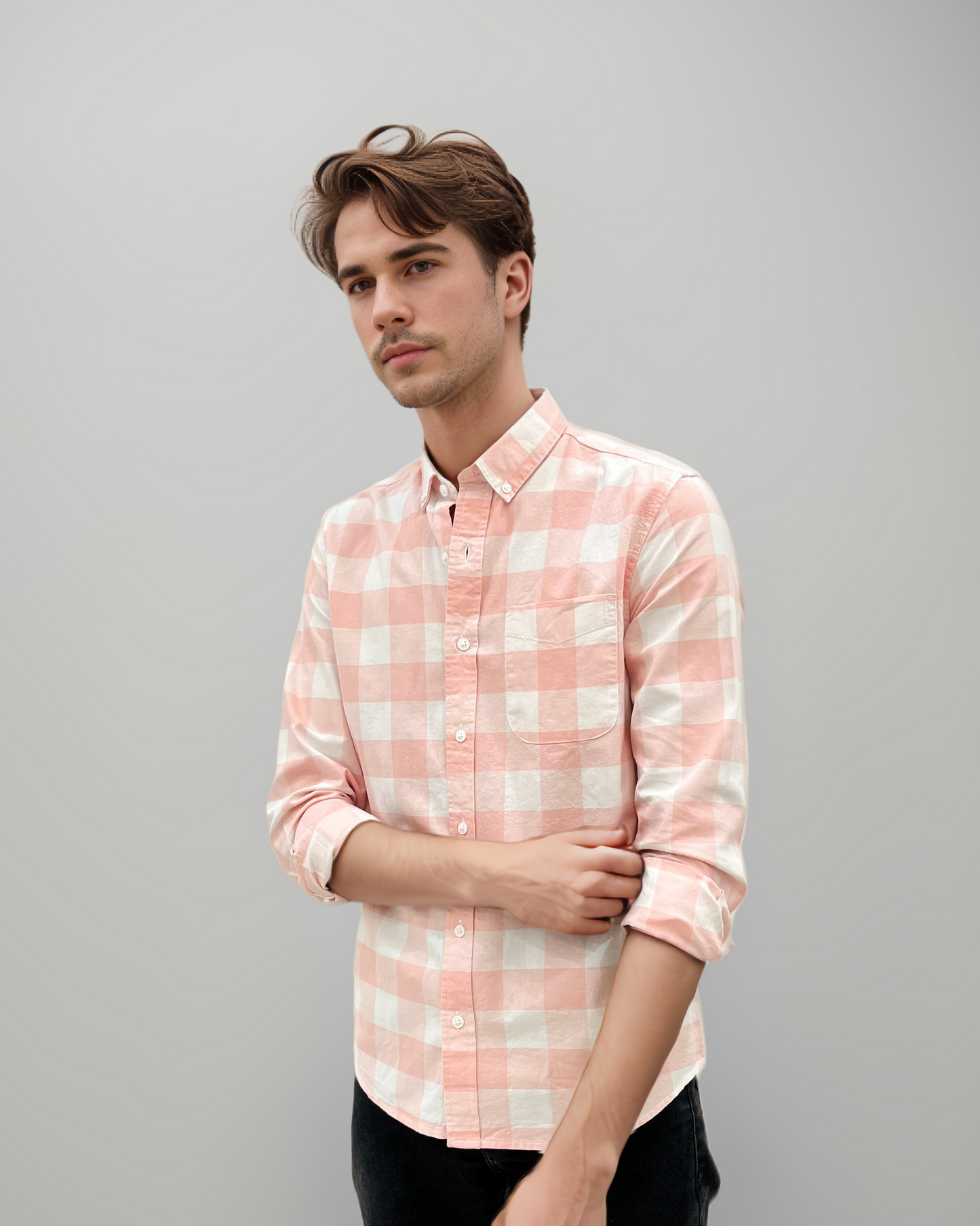 Peach & White Oxford Casual – Luxe Checked Regular Fit