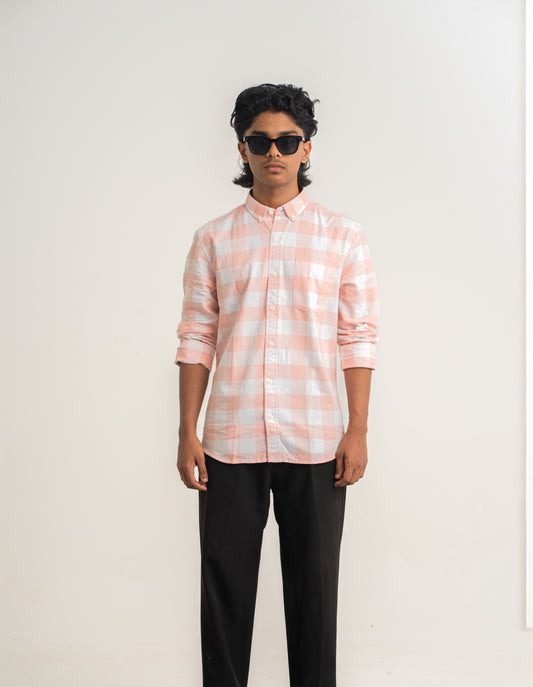 Peach & White Oxford Casual – Luxe Checked Regular Fit