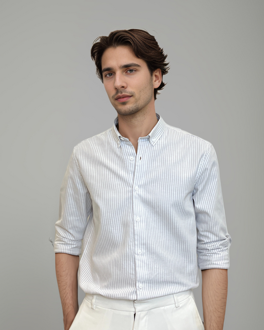 Sophisticated Stripes – Light Grey & White Oxford Regular Fit Casual Shirt