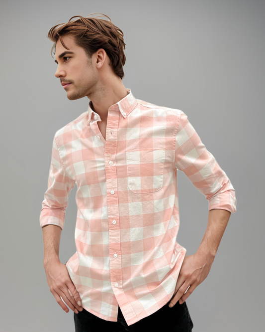 Peach & White Oxford Casual – Luxe Checked Regular Fit