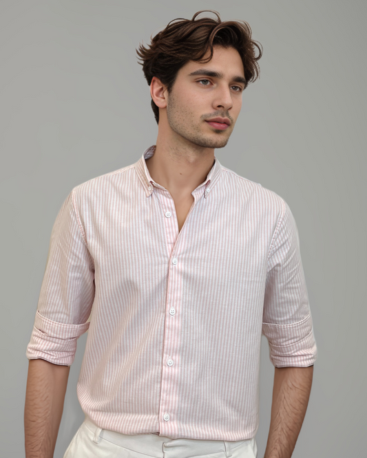 Peach & White Striped Oxford Shirt – Premium Regular Fit