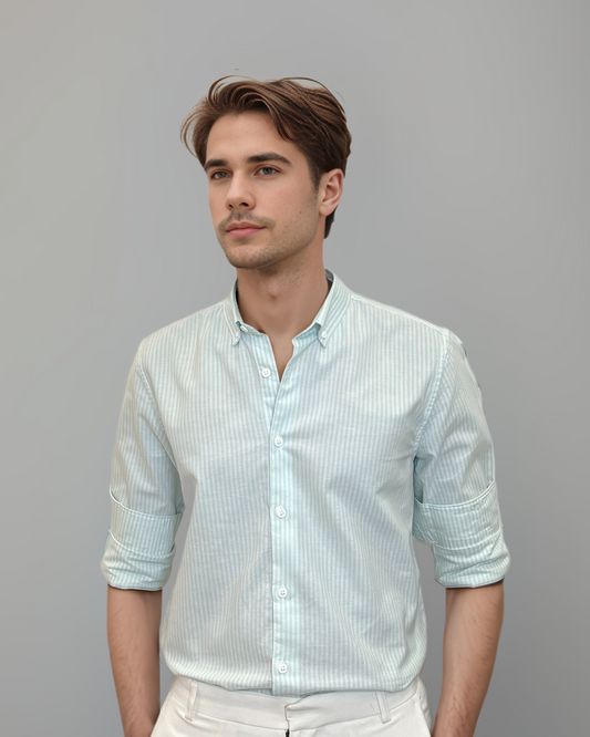 Minty Stripes – Light Green & White Oxford Regular Fit Shirt