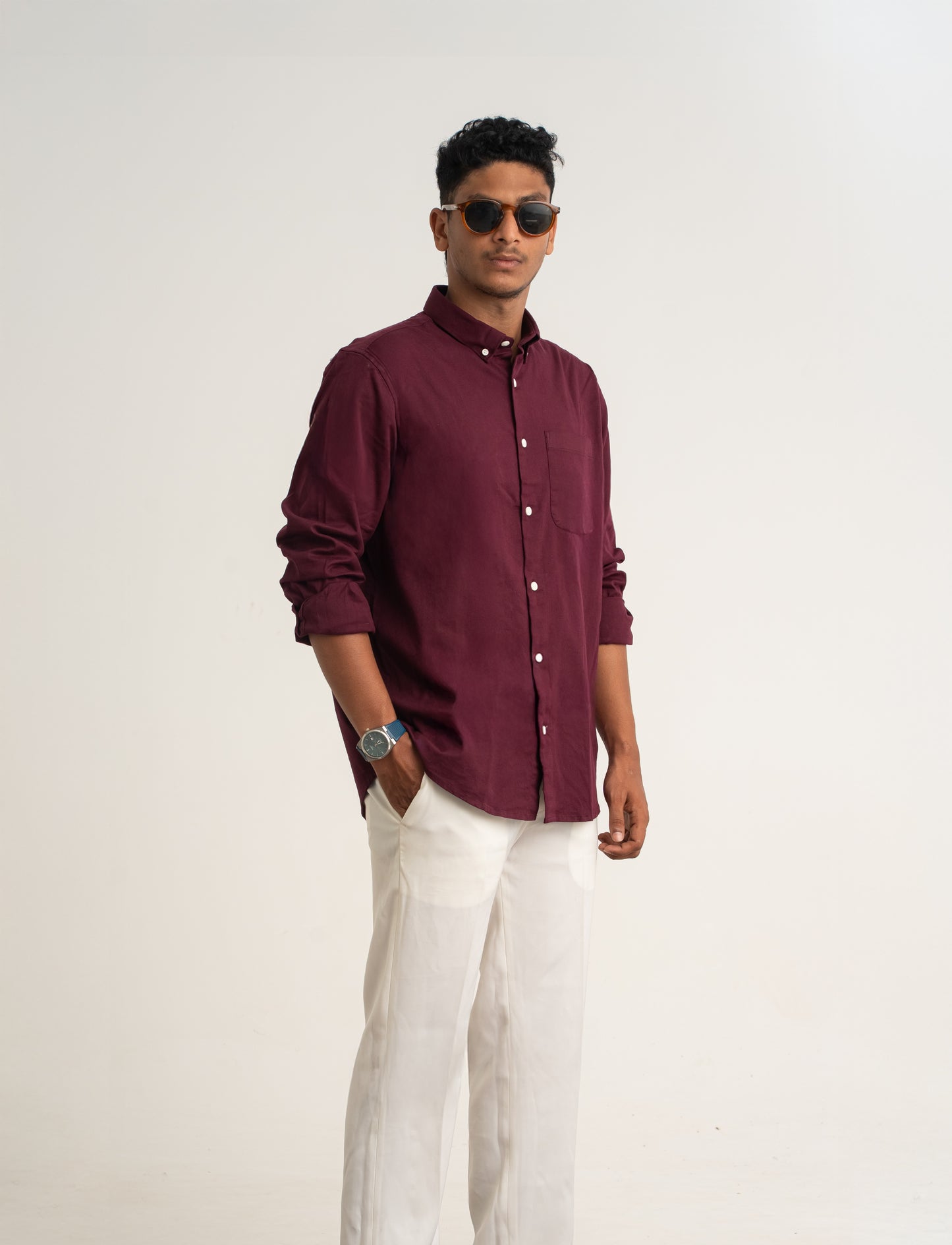 Men’s Premium Burgundy Cotton Lycra Shirt – Stretch Comfort & Breathable Everyday Essential