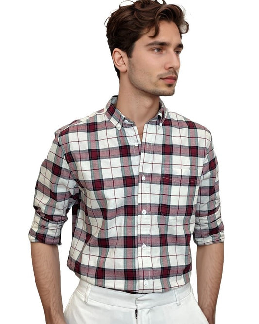 White & Red Oxford Casual – Stylish Checked Regular Fit