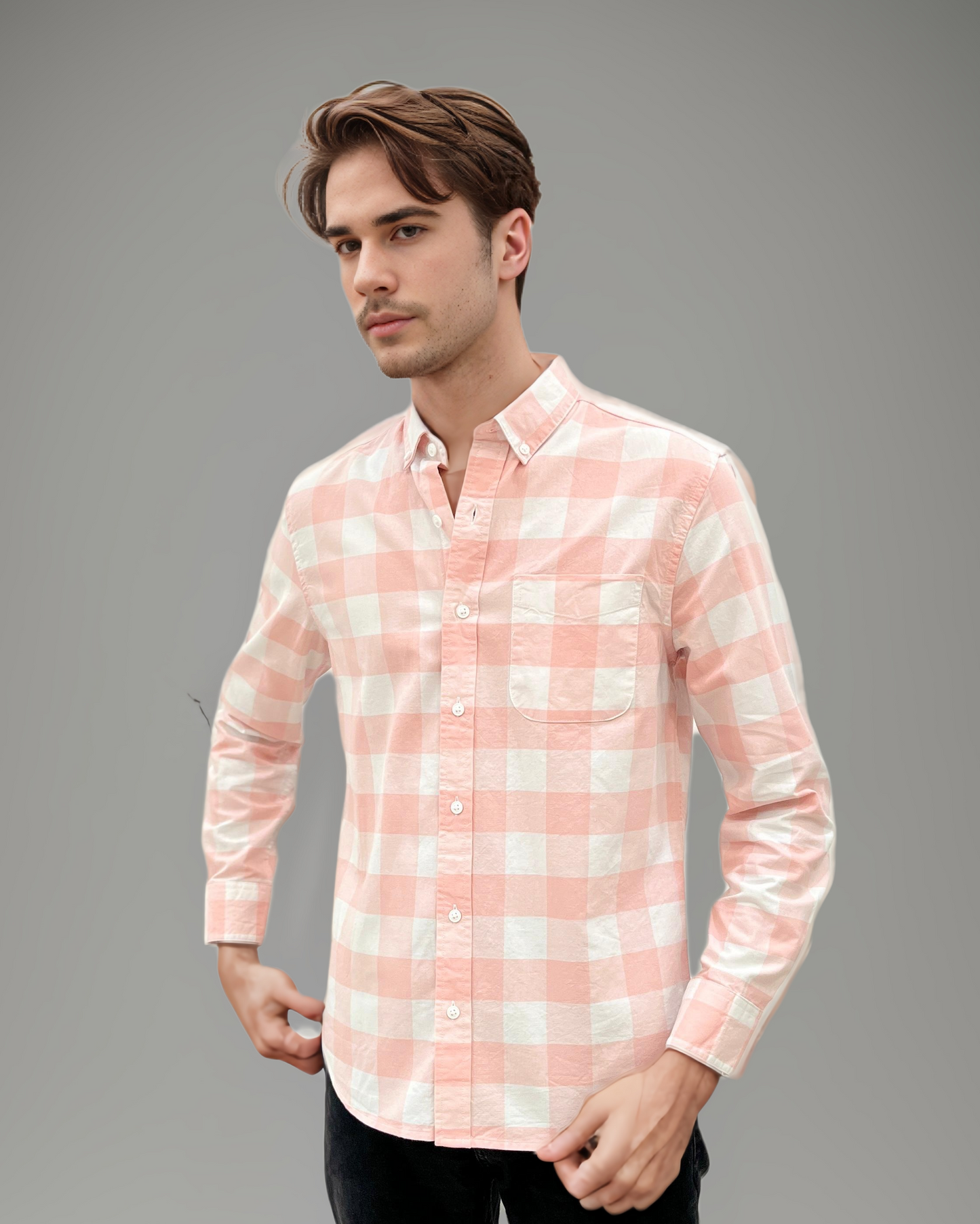 Peach & White Oxford Casual – Luxe Checked Regular Fit